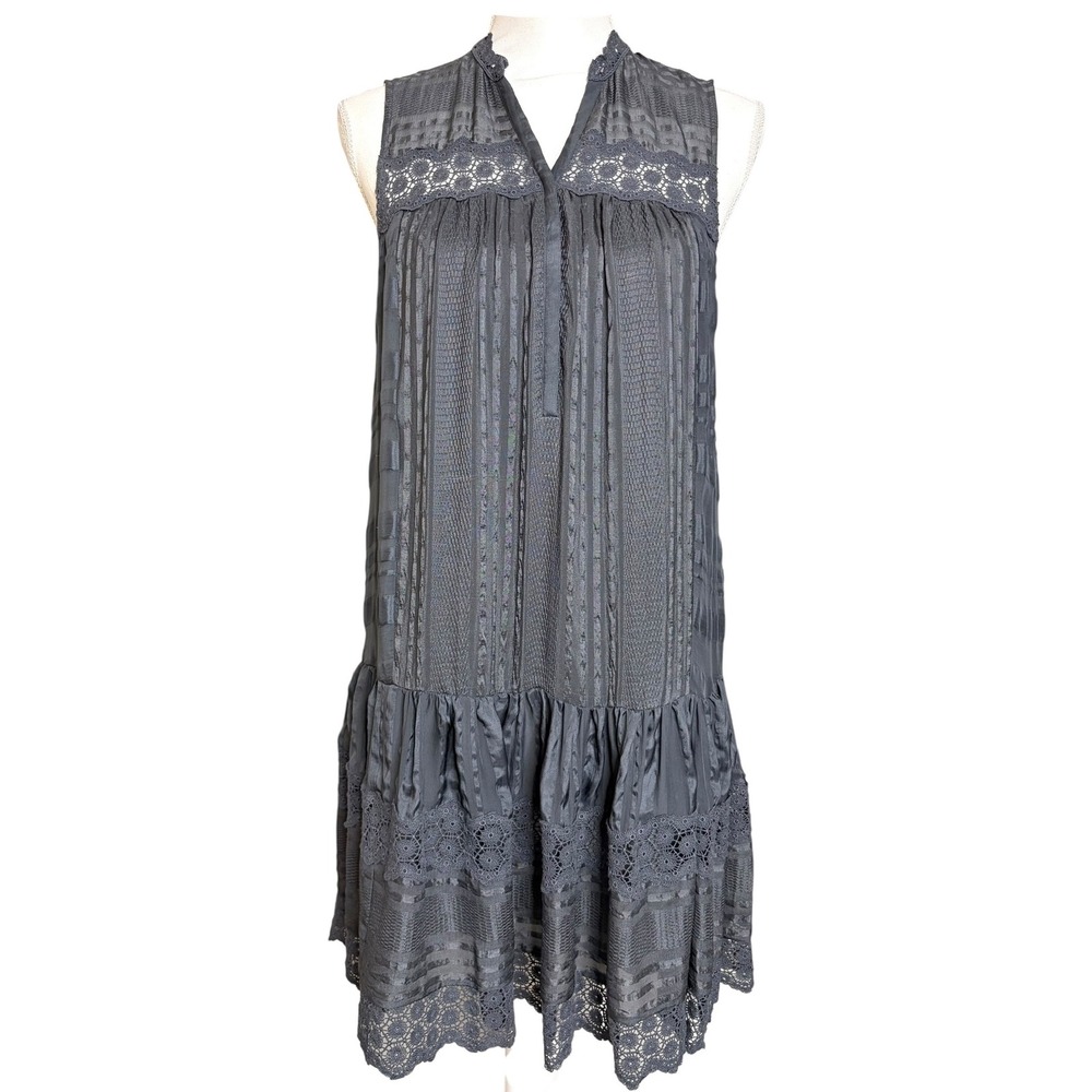 Rebecca Taylor Silk Mini Dress Gray Lace Whimsigoth Boho Shift Dress Sz 4 - Picture 3 of 9